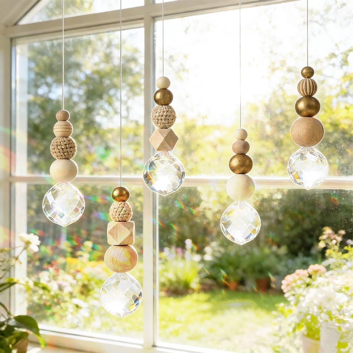 SnelShoppen - Kristallen Zonnevanger Handgemaakt, Regenboog Lichteffecten, Boho Raamdecoratie voor Woonkamer, Tuin, en Feestjes - 5 Stuks