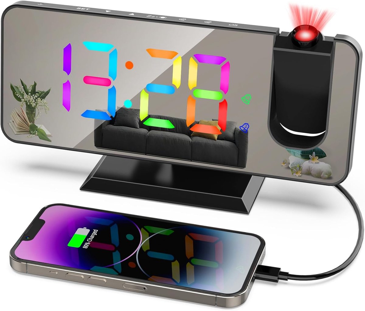 SnelShoppen - ThreeH Projectie Alarmklok met 11 RGB Kleuren, LED Spiegelweergave, Digitale Klok met USB Oplaadpoort, Snooze Functie, 6 Helderheidsnive