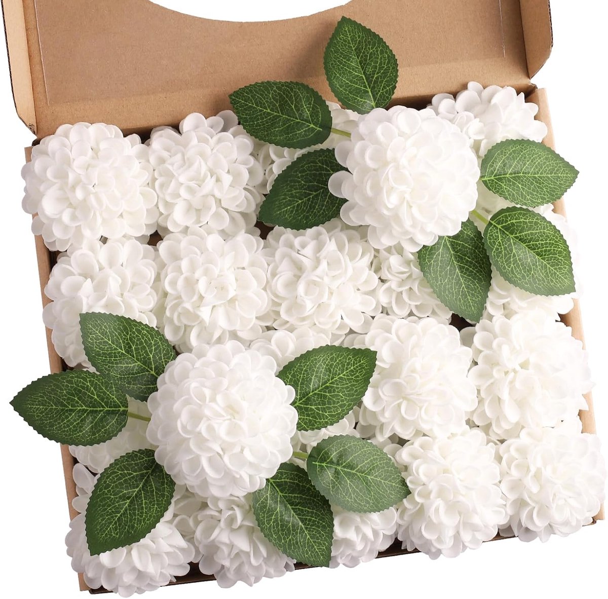 SnelShoppen - 20 Stuks Witte Dahlia Kunstbloemen met Stelen en Bladeren voor Bruiloften, Feesten en Tafeldecoraties, Hoogwaardige PE Foam, 7.5 cm Bloe
