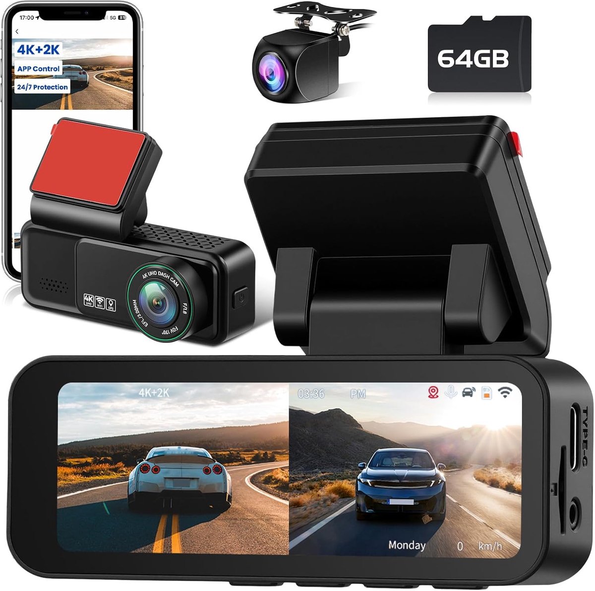 SnelShoppen - Dual Channel 4K Dashcam Auto met WiFi, GPS, ADAS, G Sensor, Nachtzicht en 64G Kaart - 24 Uur Parkeerbewaking