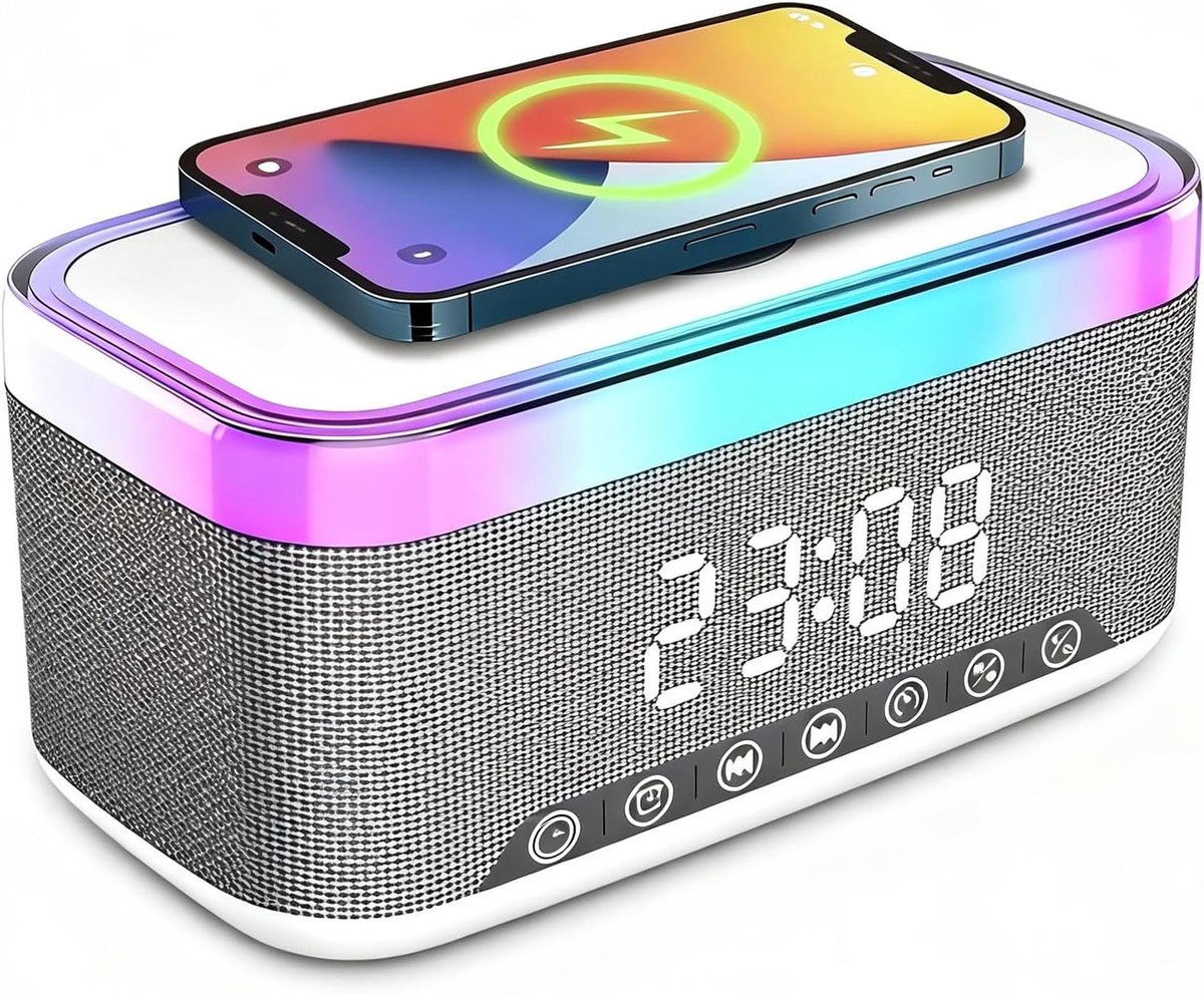 SnelShoppen - Slimme Digitale Alarmklok met Bluetooth, 15W Draadloze Oplader, Nachtlampje, 6 Kleuren, Bluetooth Speaker, Wit