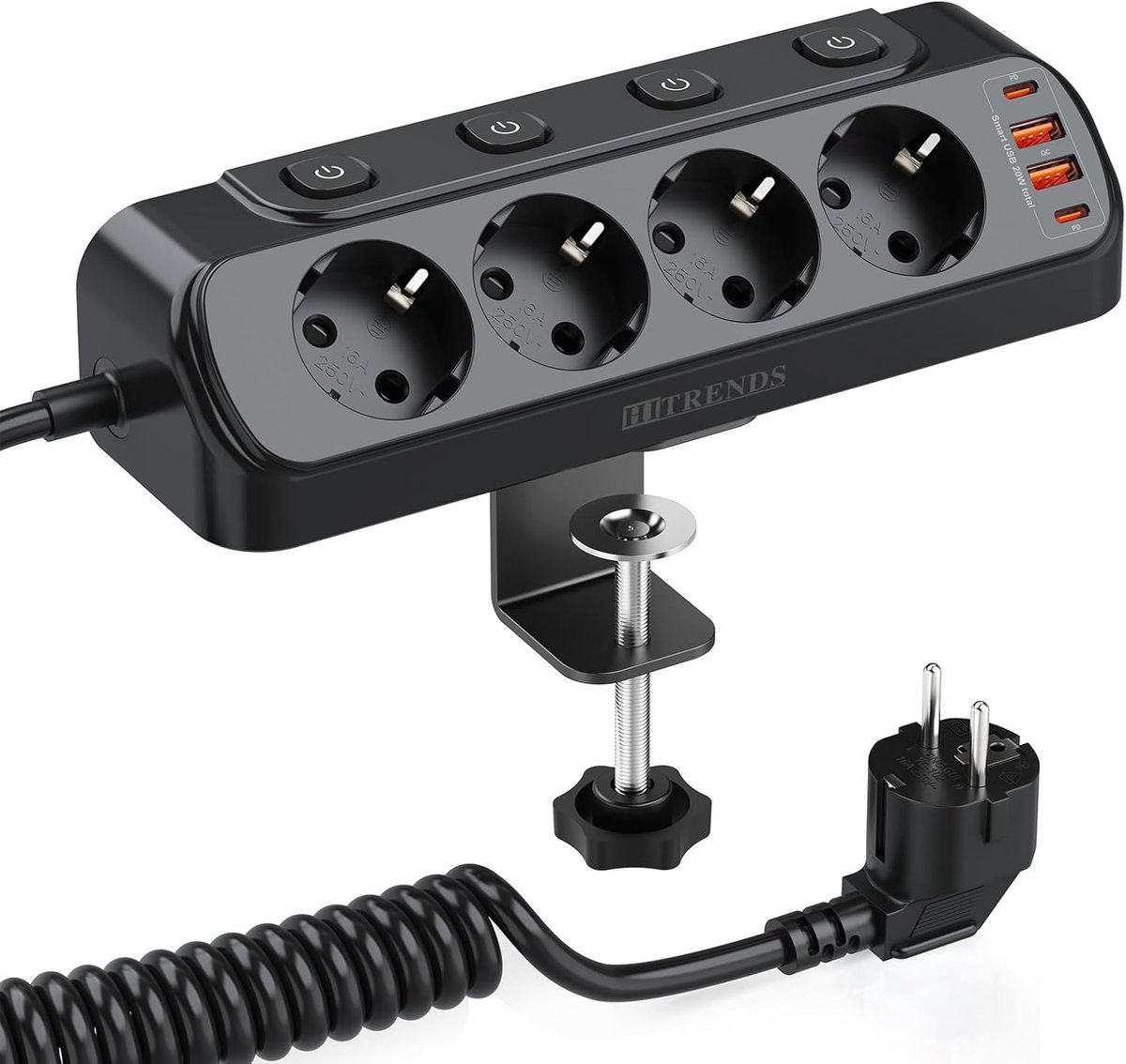 SnelShoppen - Table Socket met USB C PD 20W, 4-Way Power Strip met 4 Individuele Switches, 2m Kabel, Zwart - Ideaal voor Thuis, Kantoor en Onderweg