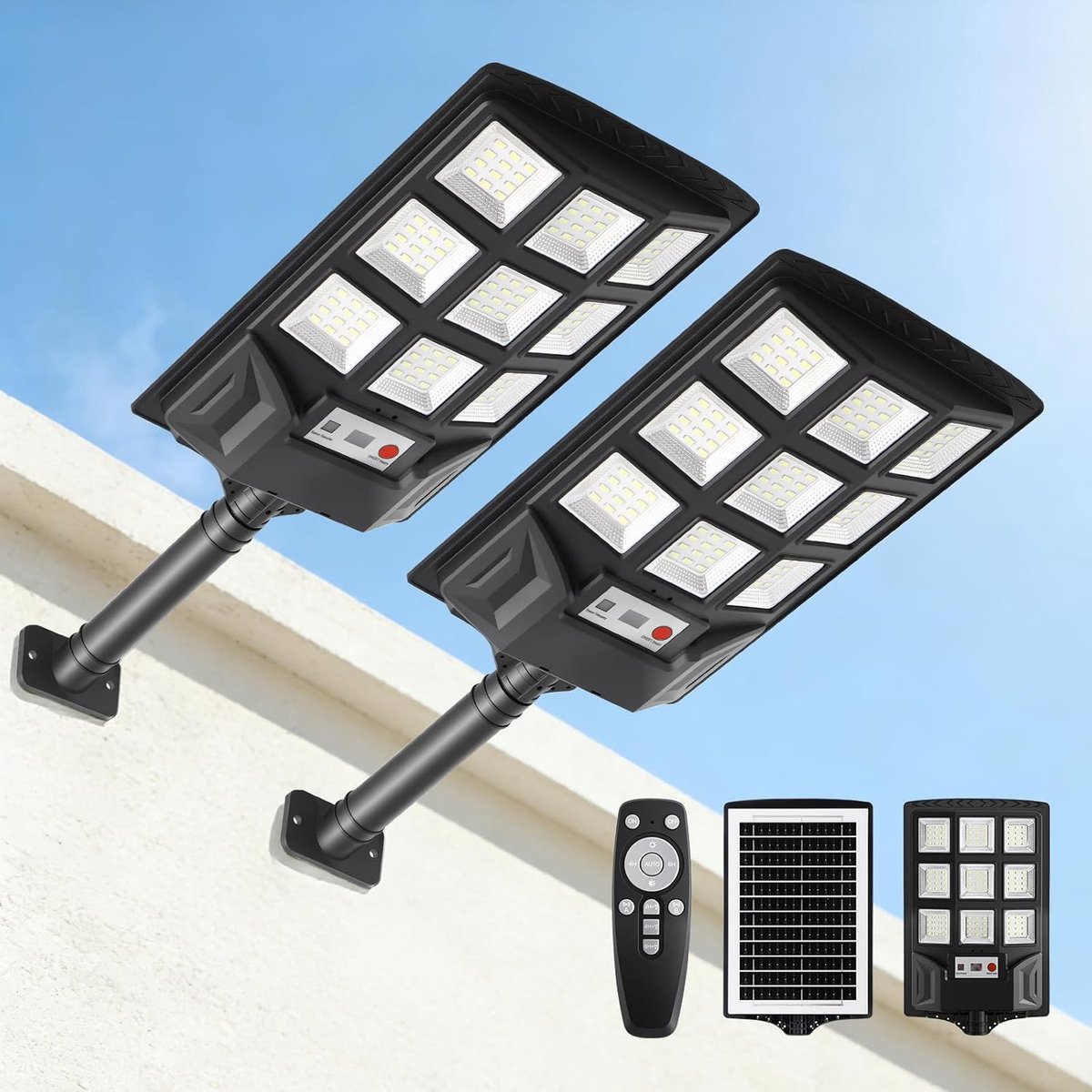 SnelShoppen - 2 x Outdoor Solar Lights met Afstandsbediening - 6500K LED Straatverlichting Dusk to Sunrise - IP66 Waterdichte Solar Tuinverlichting -