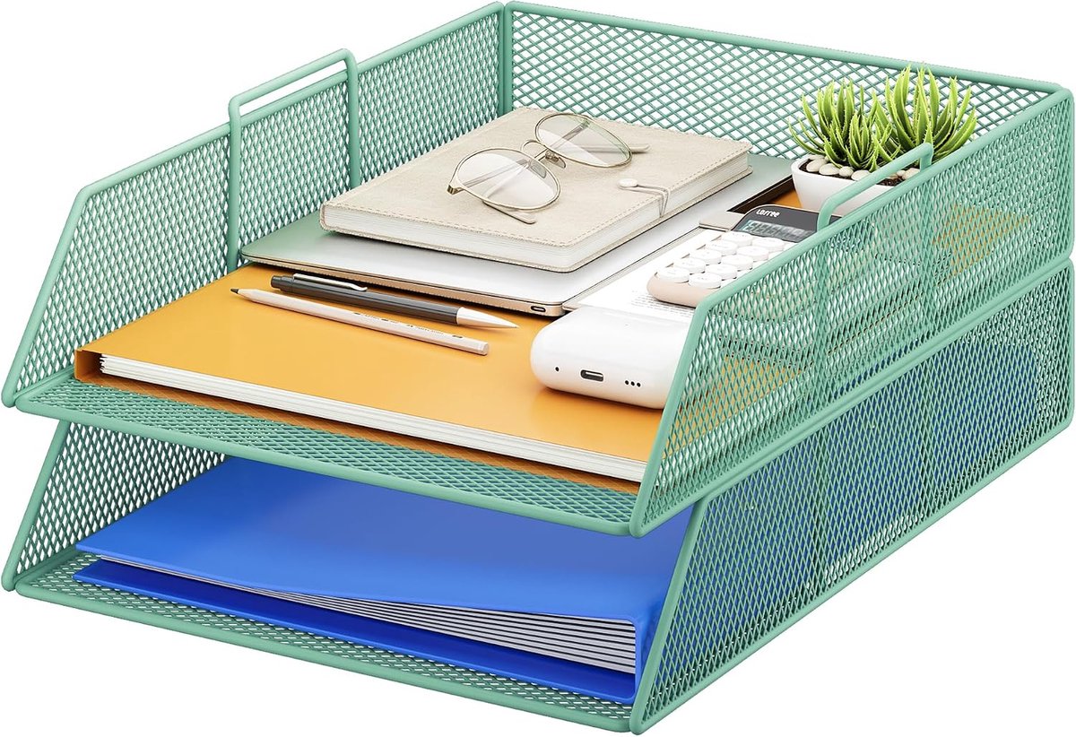 SnelShoppen - Stapelbare Briefablage Schreibtisch Organizer met 2 Aktenhouder voor A4 Documenten, Bureau Organizer van Metaal, Groene Schreibtischabla
