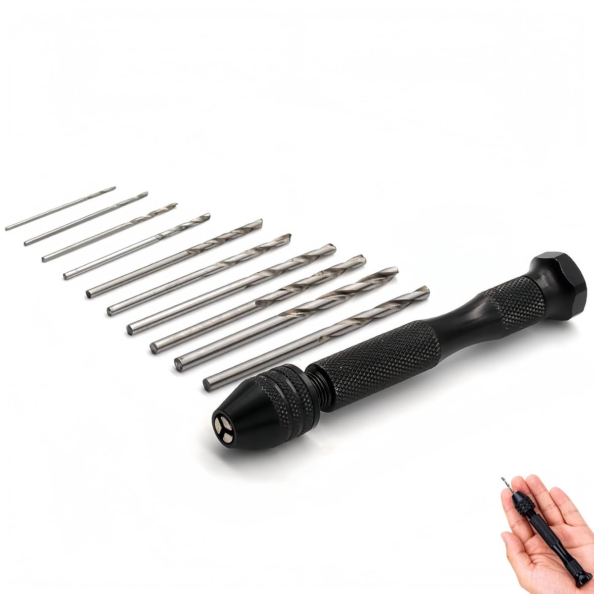 SnelShoppen - Handboor Set Zwart met 10 HSS Boorbits 0.5 - 2 mm - Modelbouw Gereedschap Mini Boor voor Hout, Plastic en Metaal - Precisie Boor voor Mo
