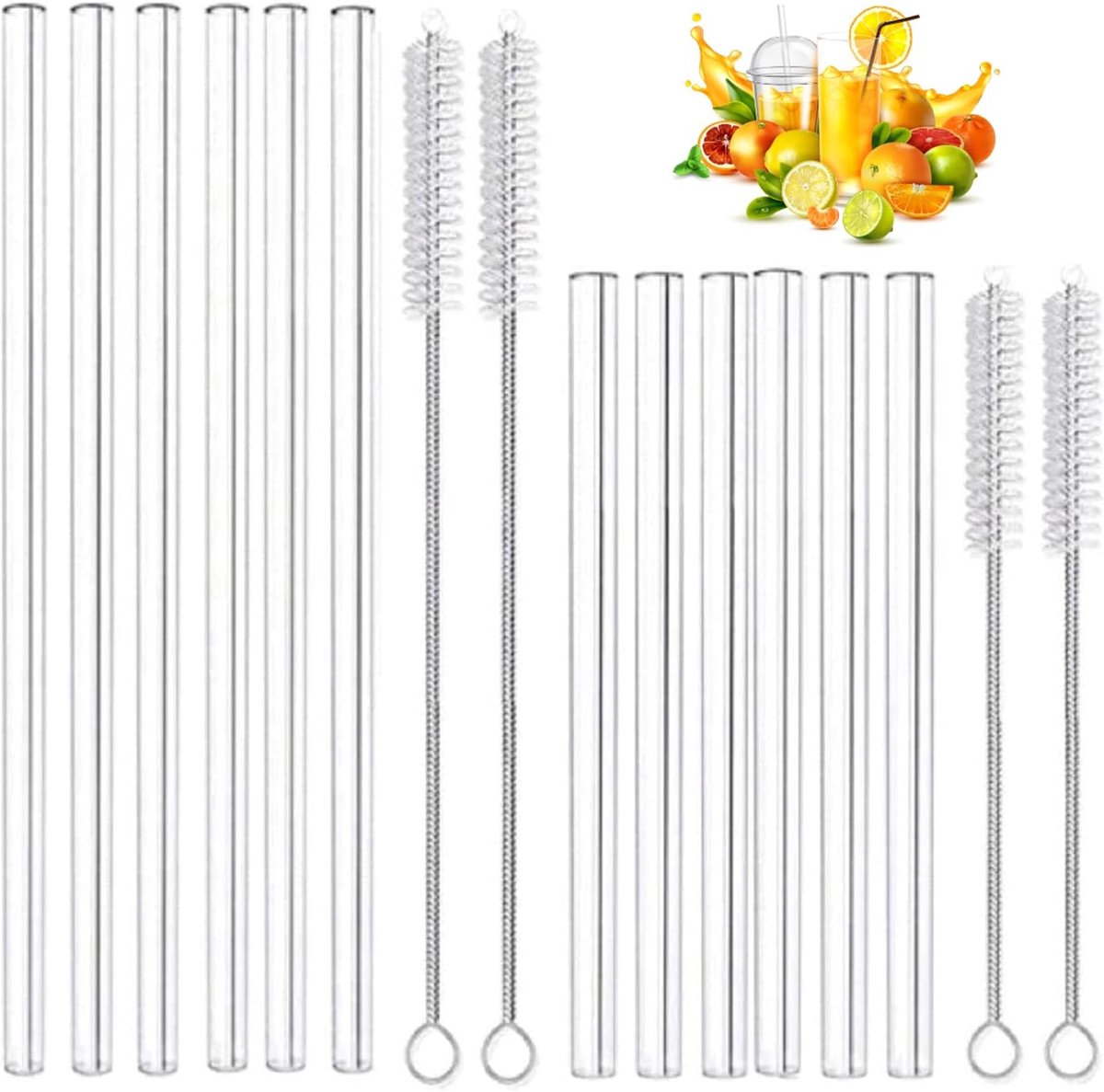 SnelShoppen - Herbruikbare Glazen Rietjes Set 12-delig - Transparant, Recht, LFGB-gecertificeerd, 6 x 21.5 cm + 6 x 15 cm, BPA-vrij, Inclusief 4 Schoo