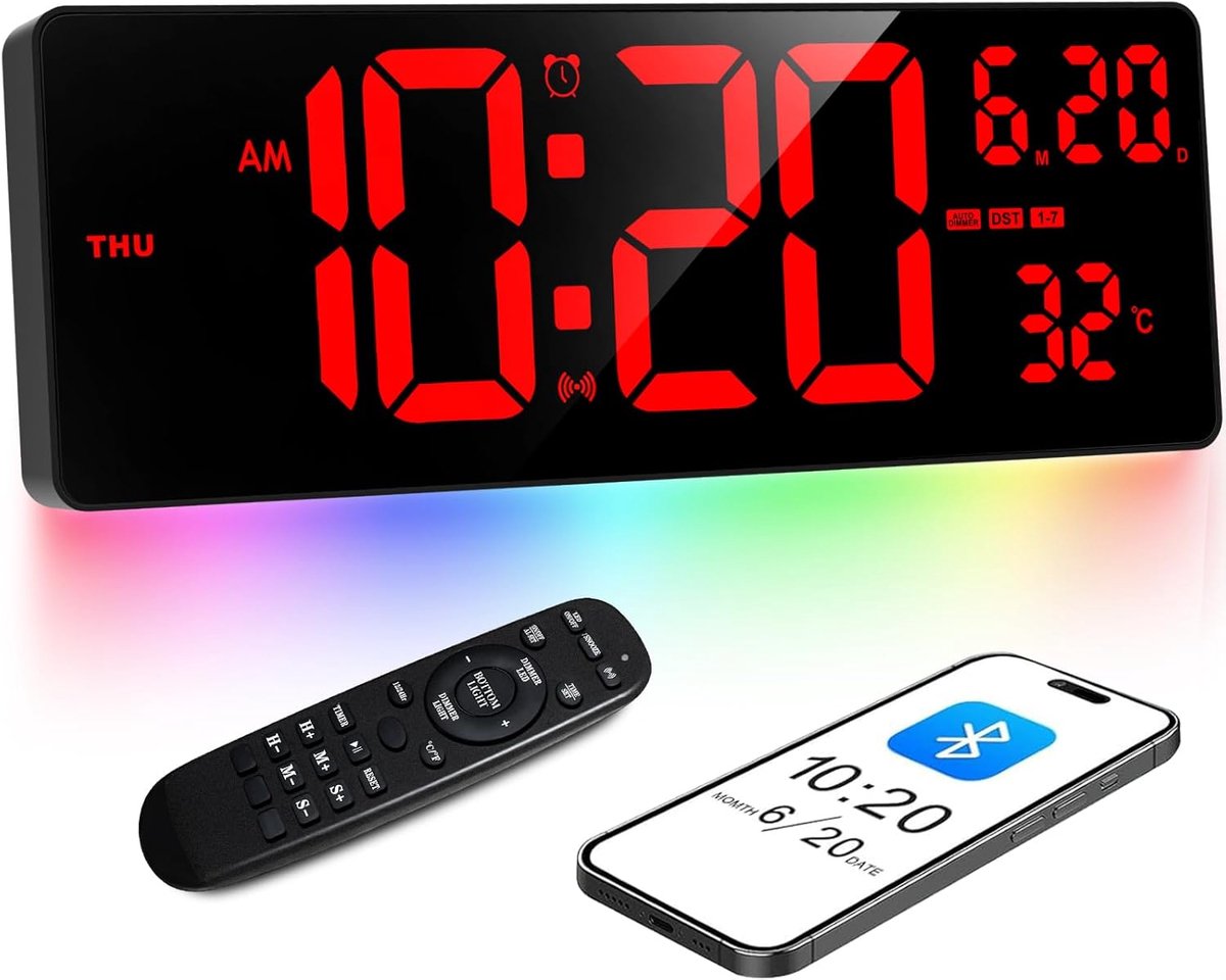 SnelShoppen - Digitale Wandklok 16.5 Inch met Bluetooth Tijdsynchronisatie, Rood Display, Kleurverlichting, Temperatuurweergave, Kalender, Timer & Ala
