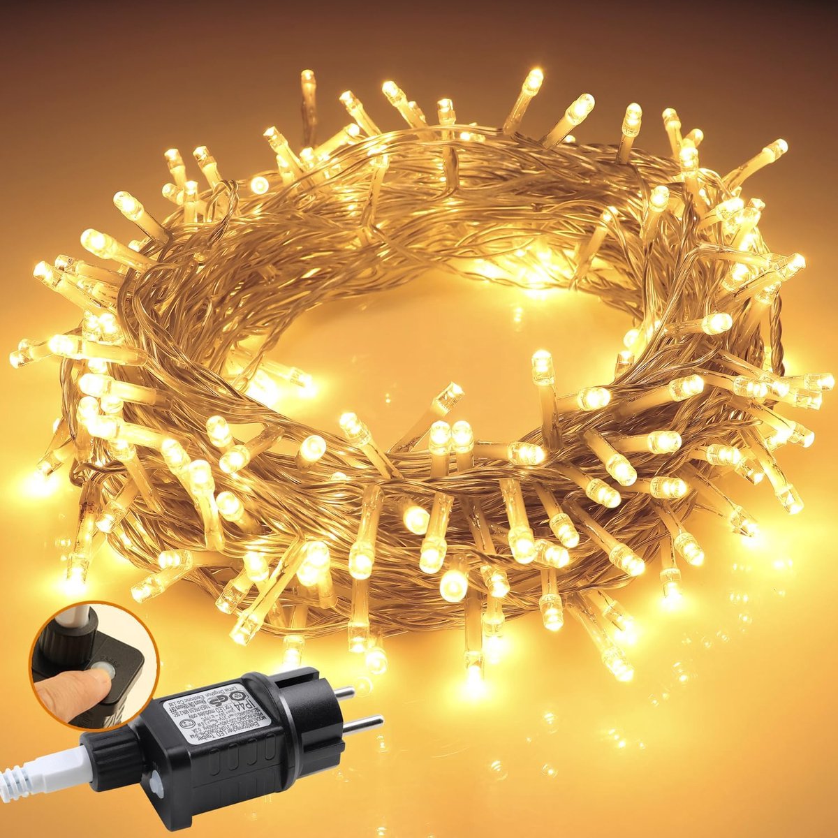 SnelShoppen - Led-lichtsnoer buiten 20 m, 200 leds, waterdicht, warmwit, met stekker, 8 modi & timerfunctie, kerstverlichting, tuinfeest, bruiloft, Pa