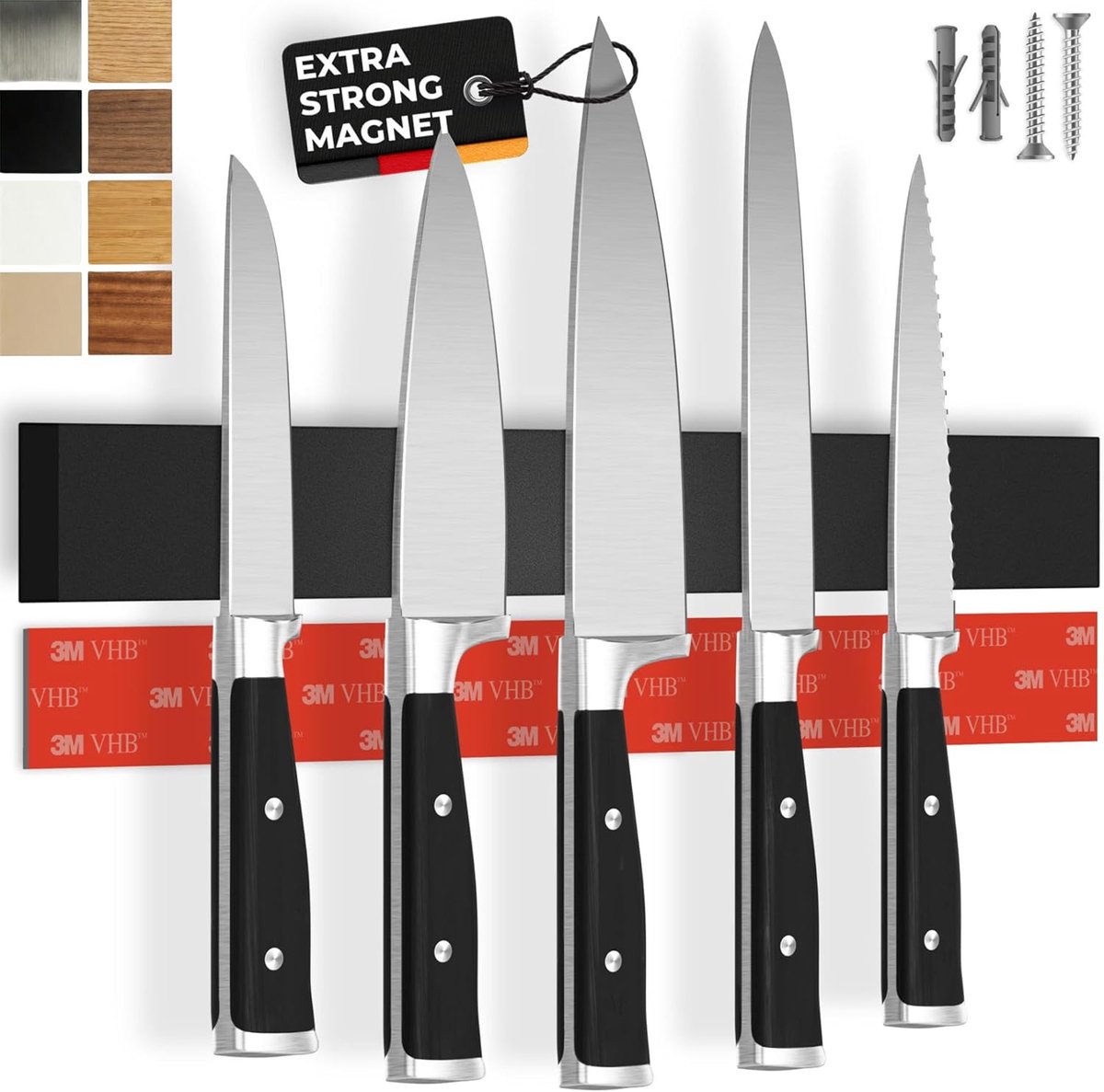 SnelShoppen - Magnetische Keukenmes Houder met Extra Sterke Magneet - Makkelijk te Installeren met 3M Tape - Zwarte Wand Magnet - 40 cm voor Keukenacc
