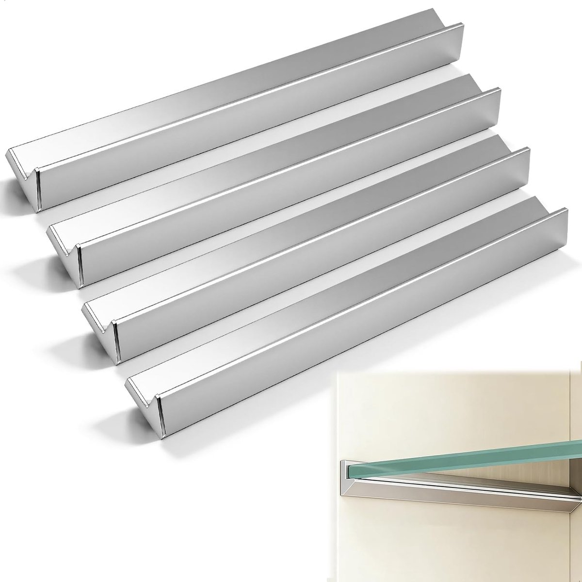 SnelShoppen - Plankdrager inlegplankhouder 20 x 2,2 cm, lange stabiele plankhouder voor planken en glas, zilver, 4 stuks, ideaal voor kast, boekenkast