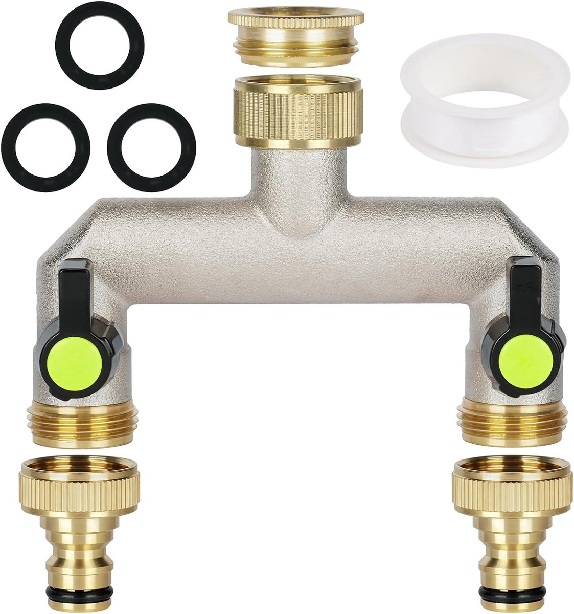 SnelShoppen - 2-Weg Waterdispenser voor Kraan - Dubbele Output Waterverdeler van Messing - 3/4" Aansluiting met Adapter en Rubberringen voor Tuin en H