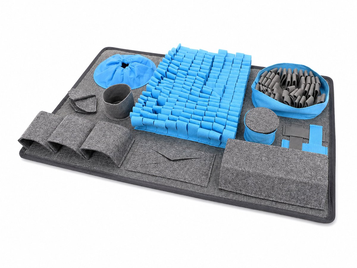 ZoeZo Snuffelmat Hond 65 x 45 cm - Anti-Schrok Voermat - Slowfeeder - Denkspel met 10 Zoekzones en Moeilijkheidsniveaus - Opvouwbaar - Grijs/Blauw