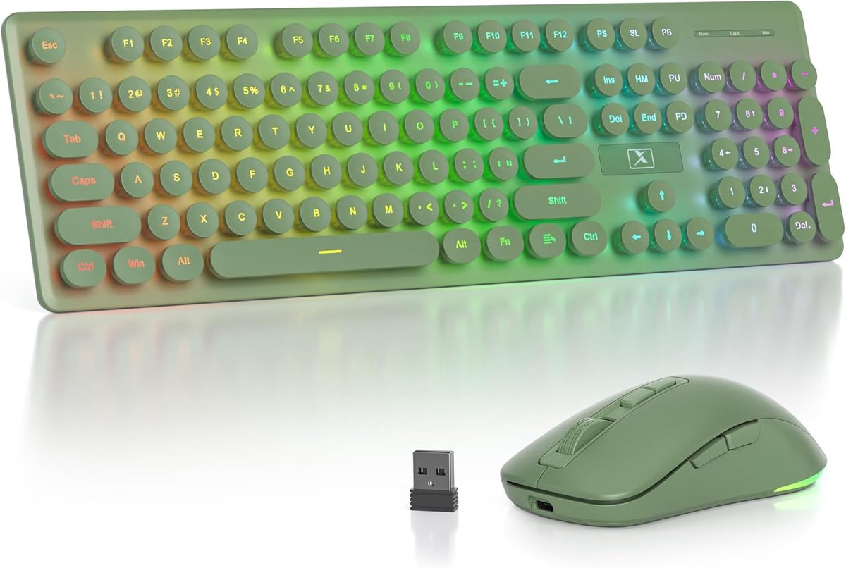 SnelShoppen - Draadloos Toetsenbord en Muis Set, 2.4GHz Oplaadbaar Verlicht Typemachine Toetsenbord, Stille Retro Ronde Toetsen met USB Ontvanger voor