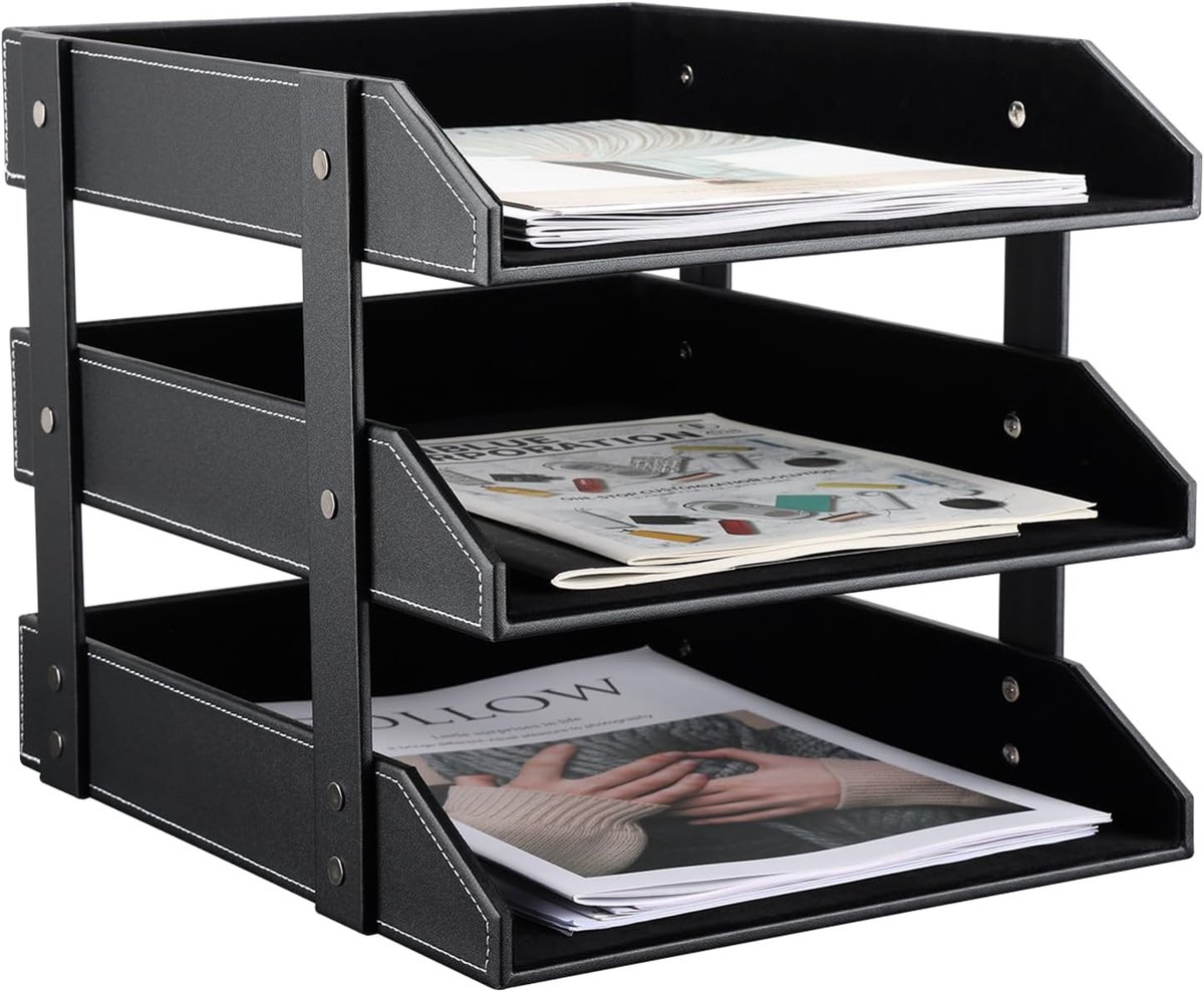 SnelShoppen - A4 Lederen Briefbak met 3 Laden - Duurzaam Hout & Faux Leer - Perfect voor Documenten, Magazines, Notebooks - 27x35x30 cm