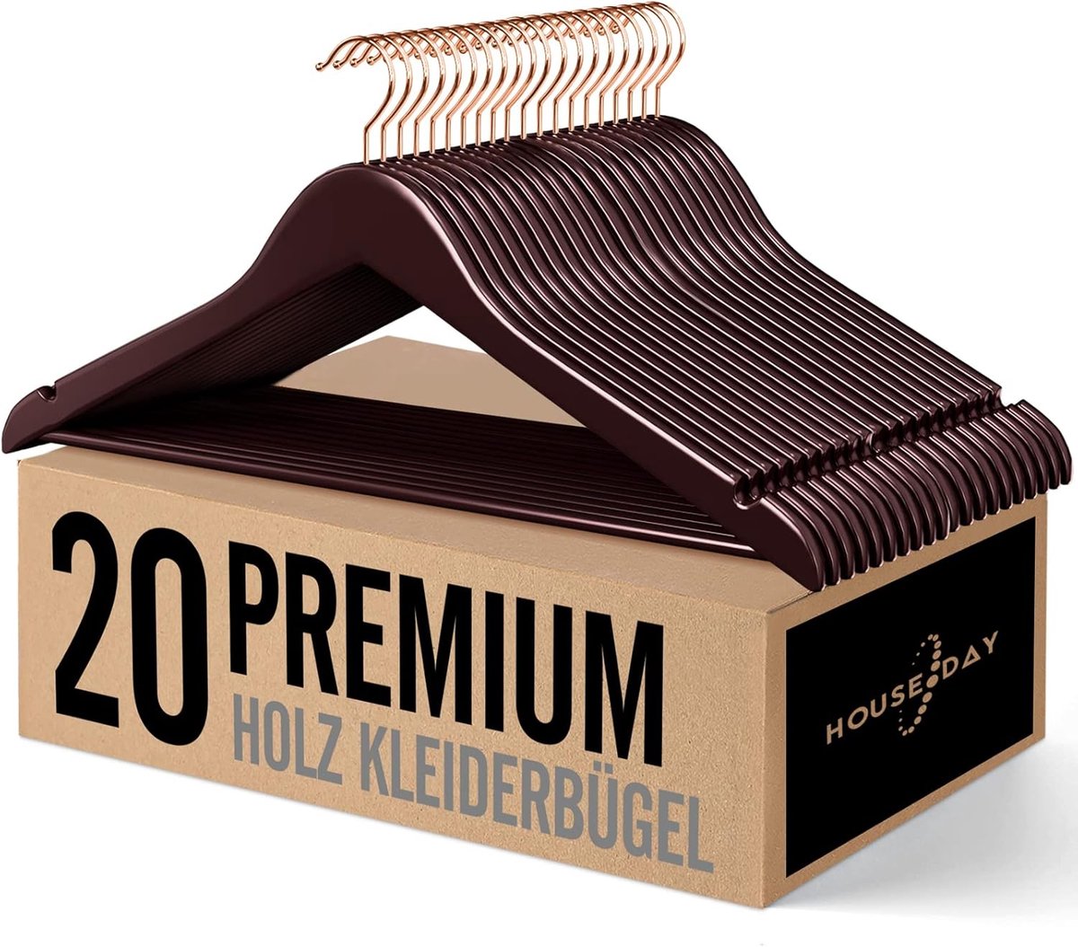 SnelShoppen - Houten Kledinghangers 20 Stuks, Hoge Kwaliteit Kledinghangers voor Kostuum, Jas, Hemd, Broek, Jurk met 360° Draaibare Roségouden Haak -