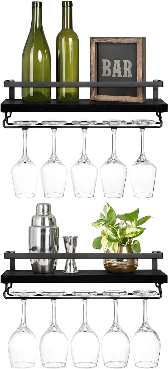 SNJY® Wijnrek Muur - Wijnrek Hangend - Wijnrek Industrieel - 16L x 39B x 13H cm - Bruin/Zwart
