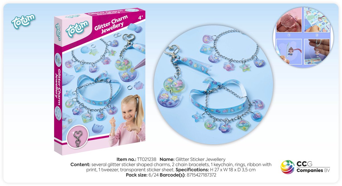 Totum Glittersticker-sieraden maken - 2 armbandjes en 1 sleutelhanger - Speelgoed Kinderen - Knutselen - Voor meisjes en jongens - Vanaf 4 jaar — afbeelding 4