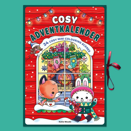 Cosy Adventskalender met vos en konijn voor een open raam, met kerstbomen en cadeautjes.