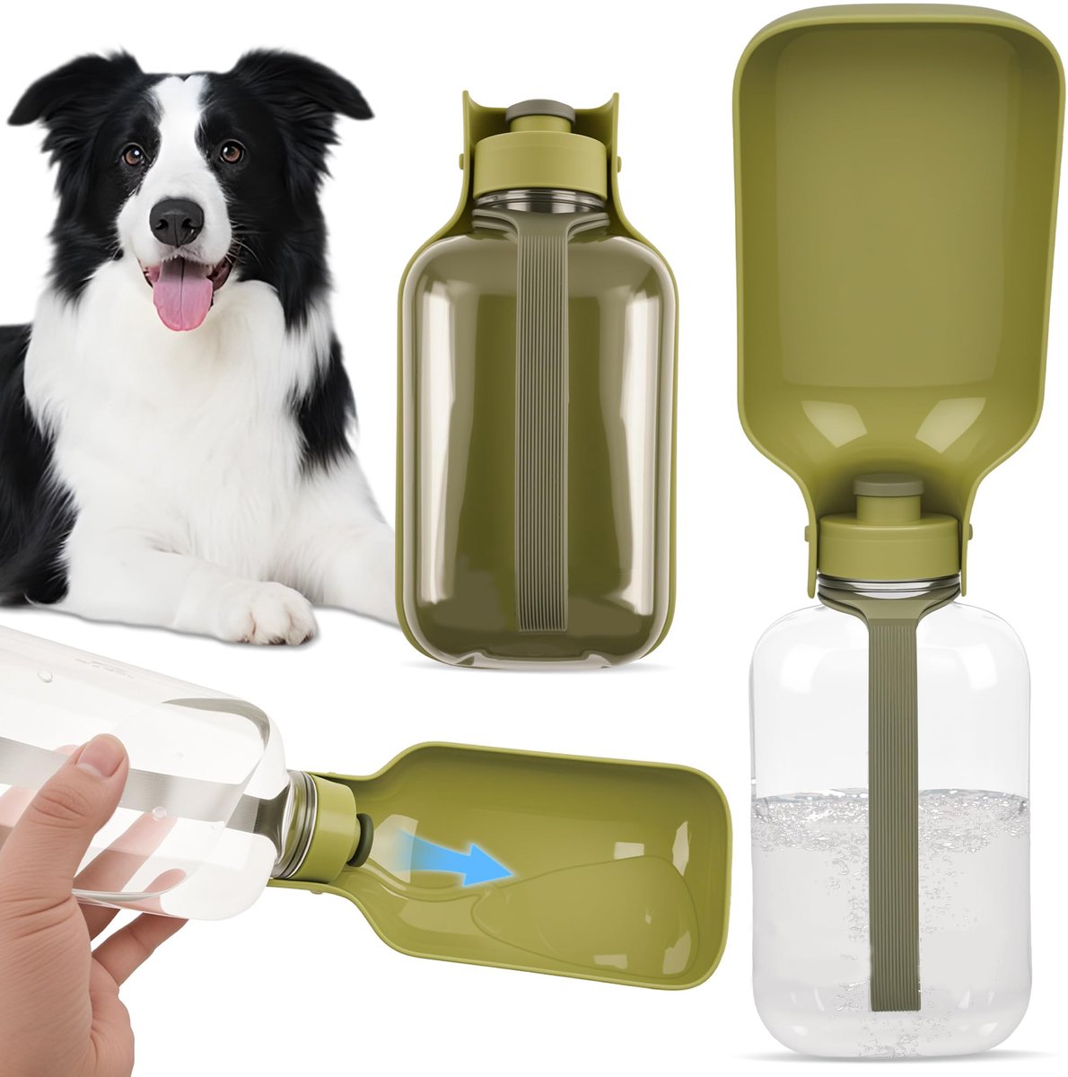Honden Drinkfles - 550ml Honden Waterfles Voor Onderweg - Draagbare Reisfles Met Inklapbare Drinkbak - Lekvrije Puppy Drinkbeker Voor Wandelen Hiking Reizen Buiten - Compact Formaat 19.5x6x10cm - Groen
