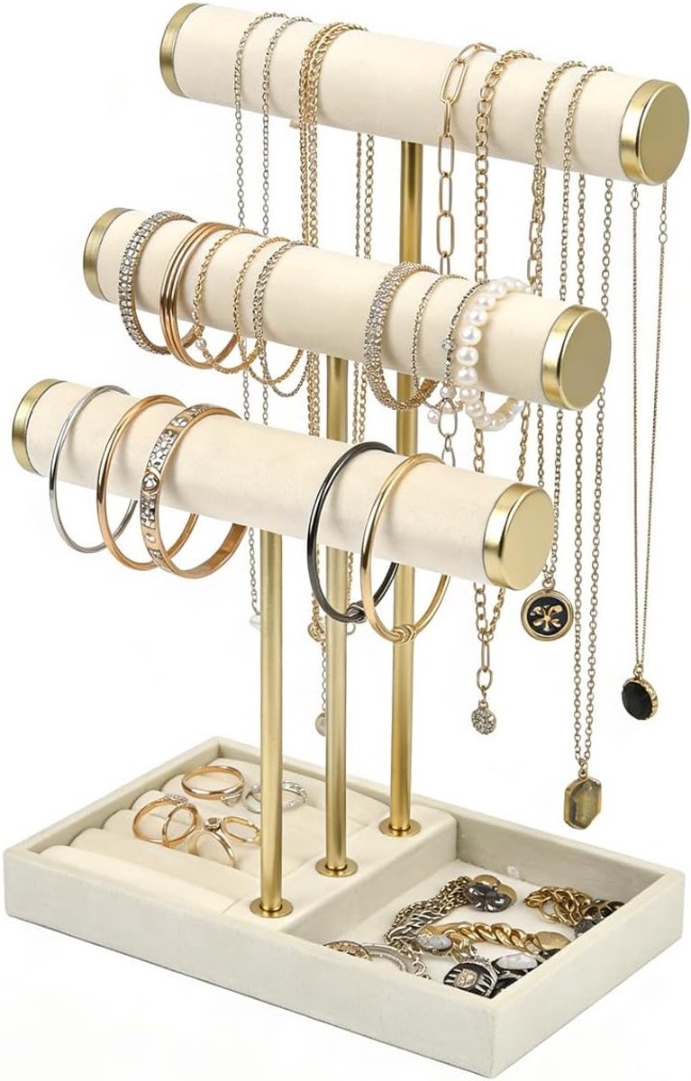Elegante sieradenstandaard met 3 niveaus voor kettingen, armbanden en oorbellen, T-vormige sieradenhouder van metaal en fluweel, ideale sieradenorganizer voor thuisgebruik
