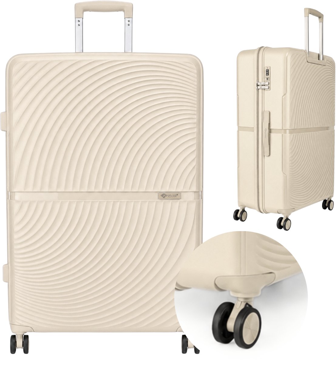 Solier TORIDE 27” – Grote XL reiskoffer – Beige – Hardcase van PP – 8 zwenkwielen 360°