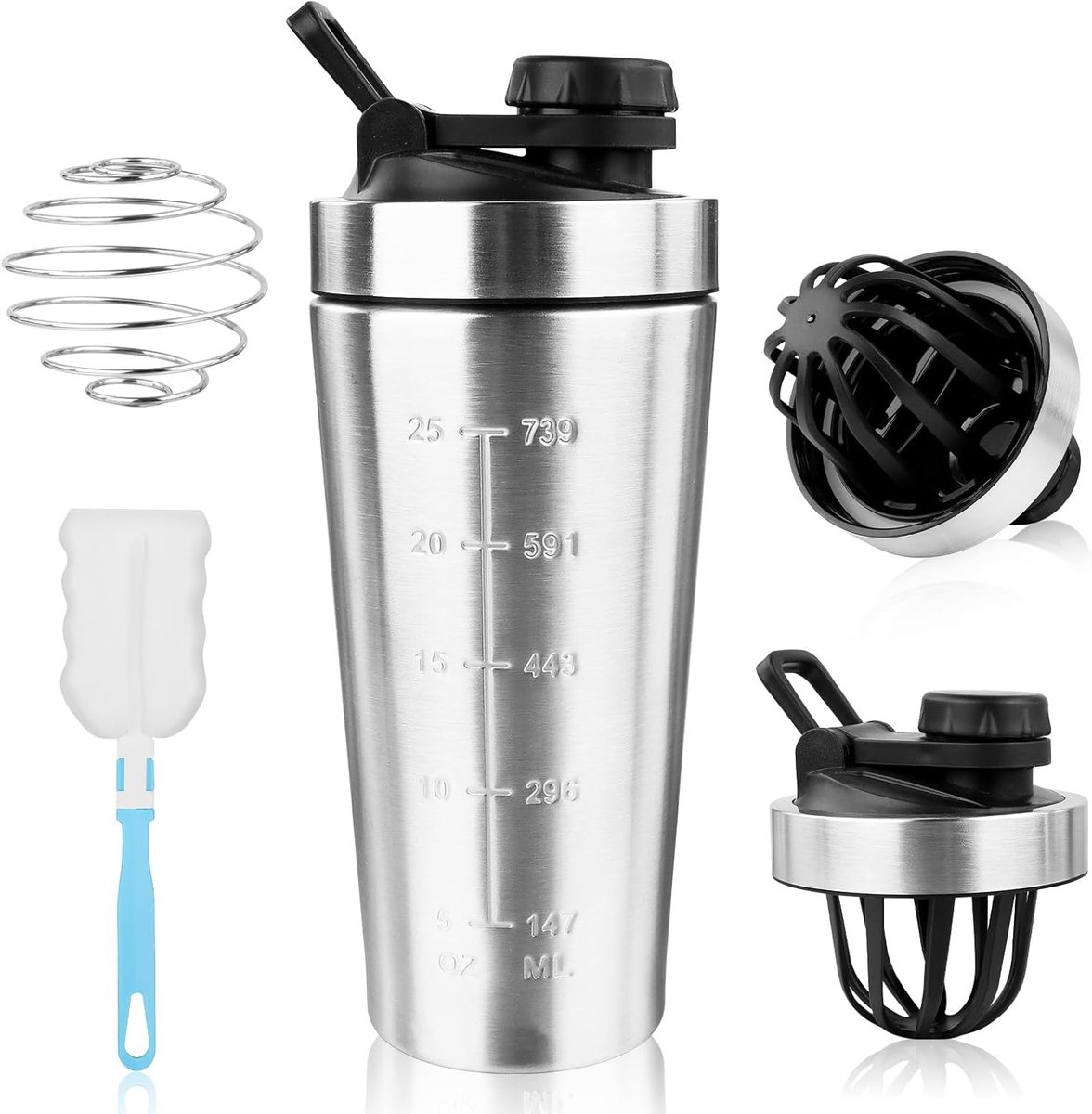 SnelShoppen - RVS Protein Shaker 750 ml met Bal, Makkelijk te Meten, Draaghandvat, Ideaal voor Sport en Fitness
