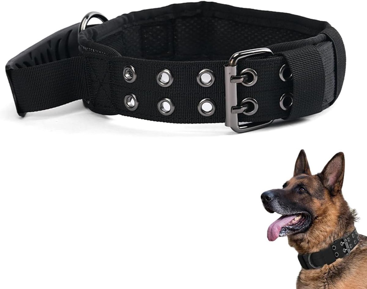 SnelShoppen - Upgrade Tactical Dog Collar met Controle Handvat, Verstelbare Brede Nylon Hondenhalsband L 43-53 cm, Zwart, Voor Medium en Grote Honden