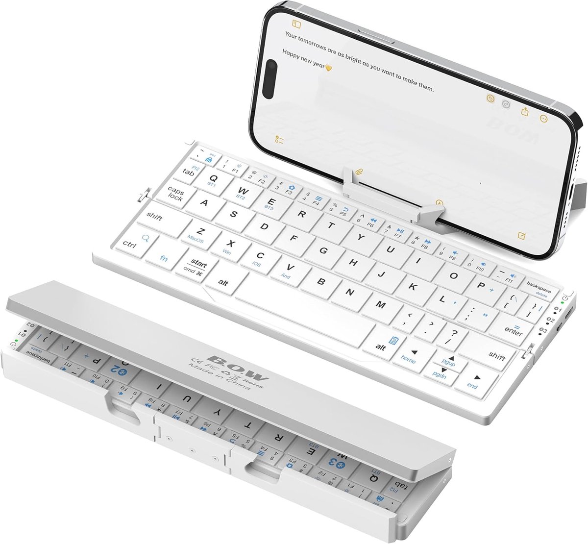 SnelShoppen - Draagbaar Vouwbaar Draadloos Toetsenbord met Houder, Mini QWERTY Toetsenbord voor iPad/Computer/Tablet/Smart TV, Wit, Voor Windows/iOS/M