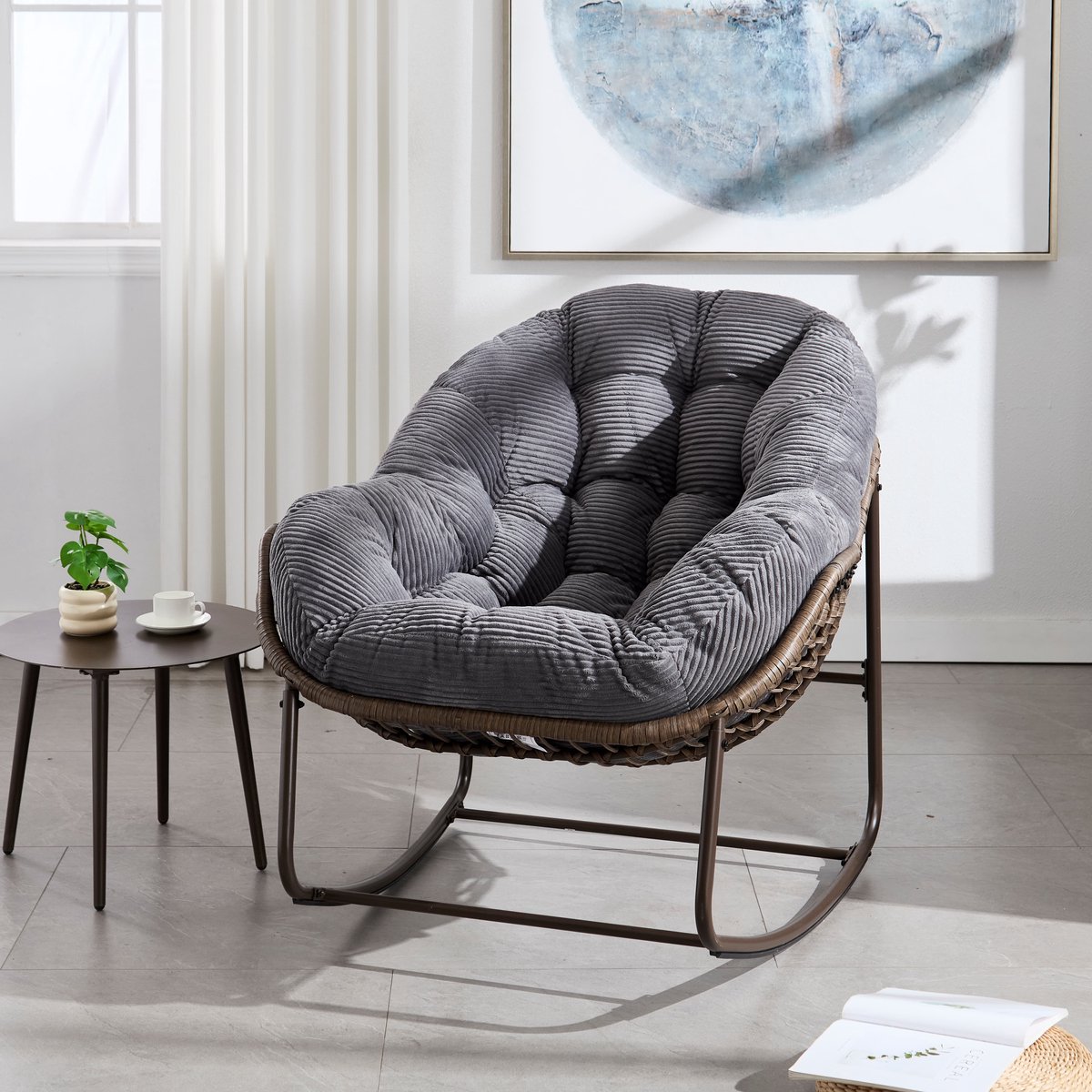 Intebiki fauteuil - schommelstoel tuin buiten - loungestoel - rotan tuinstoel - geschikt voor balkons, gangen, tuinen, achtertuinen en patio's - Donkergrijs