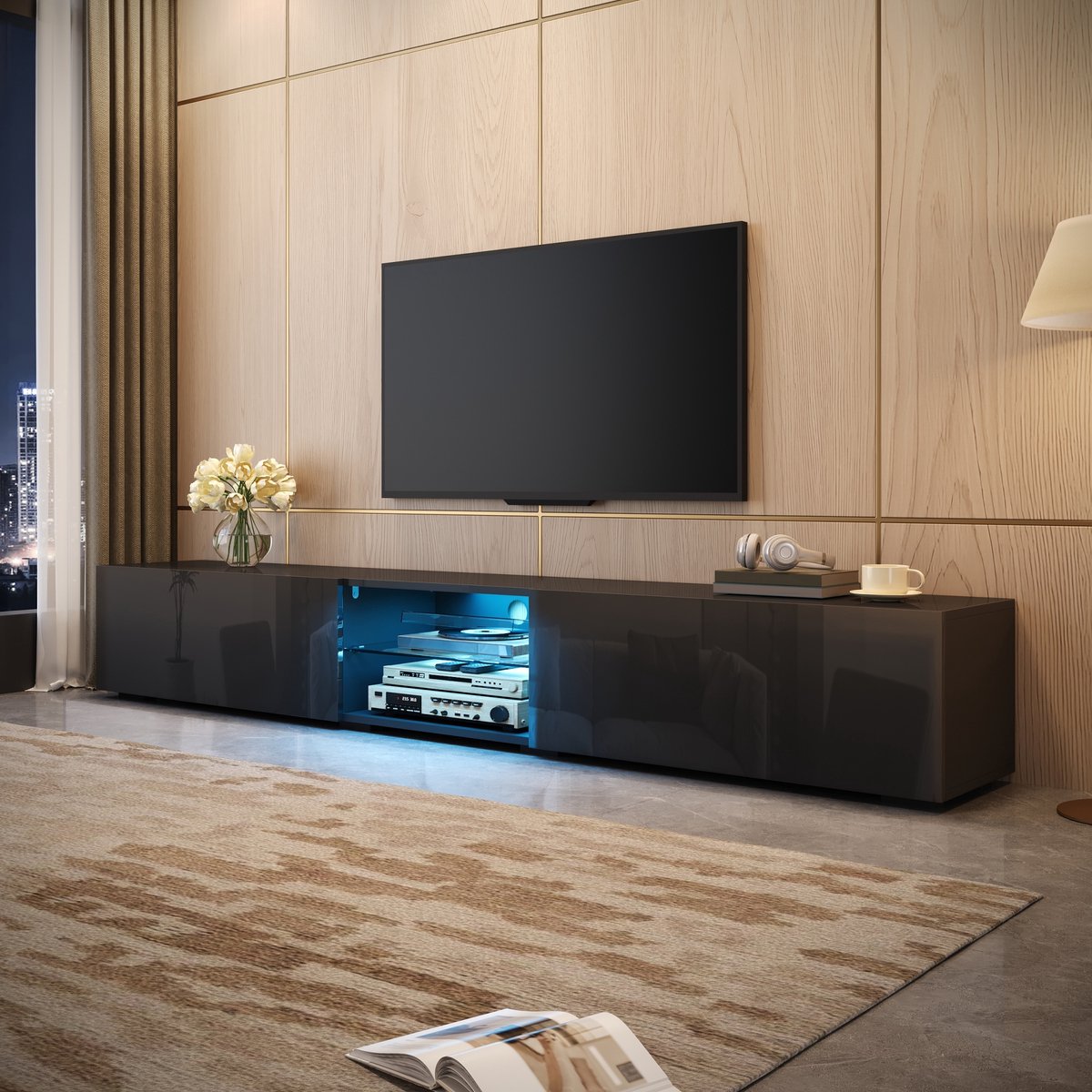 Pugsdrly TV-kast met hoogglansdeuren, meerkleurige LED-verlichting die via een app kan worden bediend, tv-bank met transparante inlegplank, lang opbergmeubel voor de woonkamer, modern dressoir voor