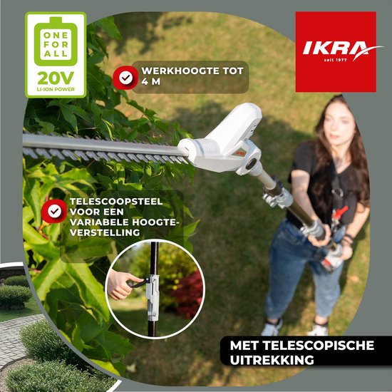 IKRA telescopische accu-heggenschaar ICPH 2040, inclusief 2 x 20V (2,0 Ah) accus, snellader en schouderriem van IKRA — afbeelding 3