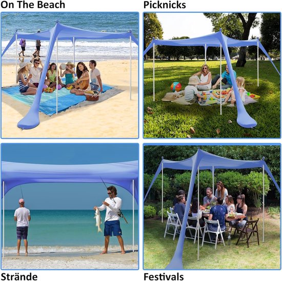 Ruime strandtent met zonbescherming, 3 bij 3 meter, inclusief grondankers en stabilisatiestangen voor strand en camping — afbeelding 3