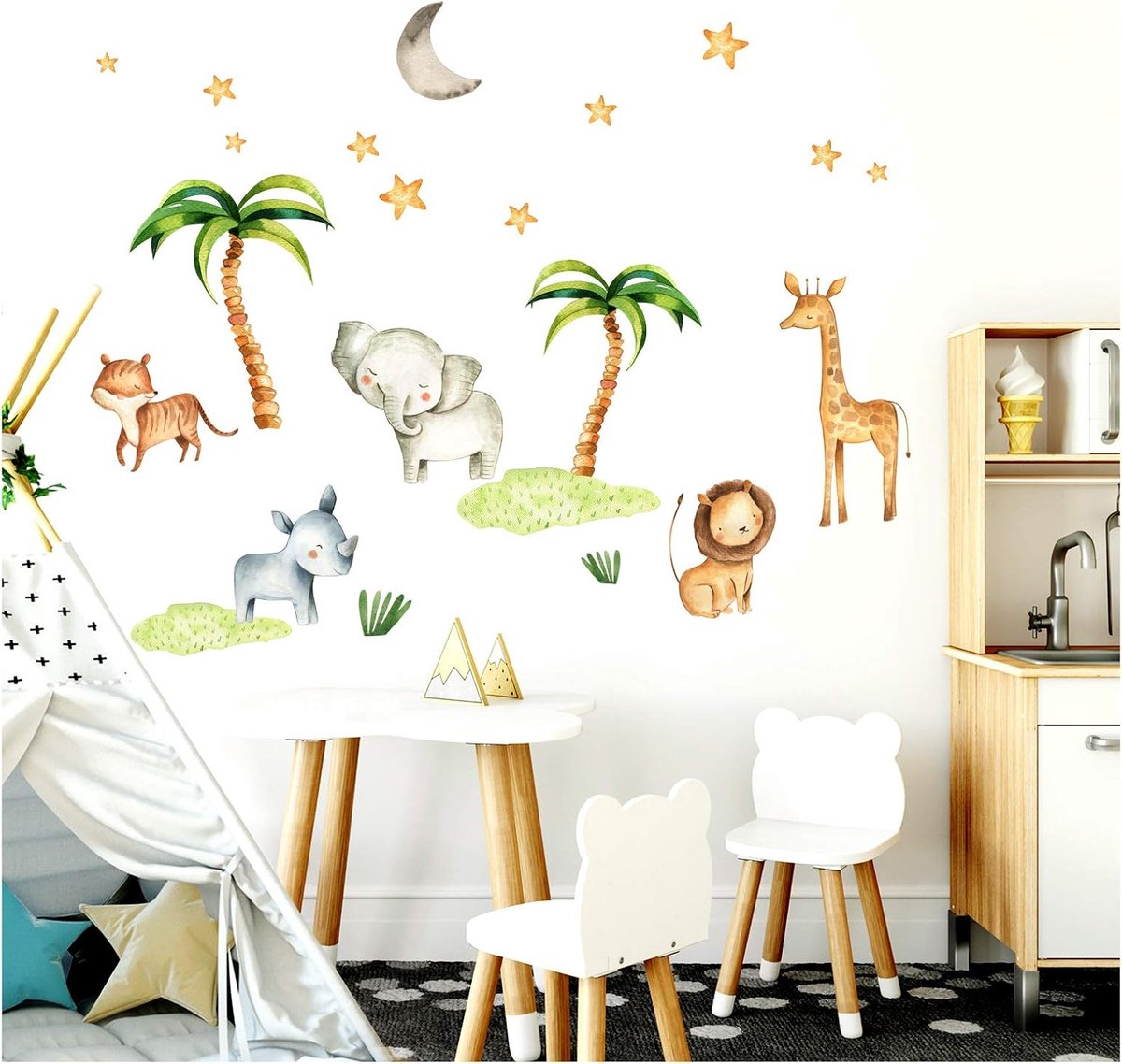 SnelShoppen - Muurstickers Kinderkamer Jungle Olifant Leeuw Palmbomen 124 x 86 cm - Wanddecoratie Babykamer - Dierenstickers voor Jongens en Meisjes