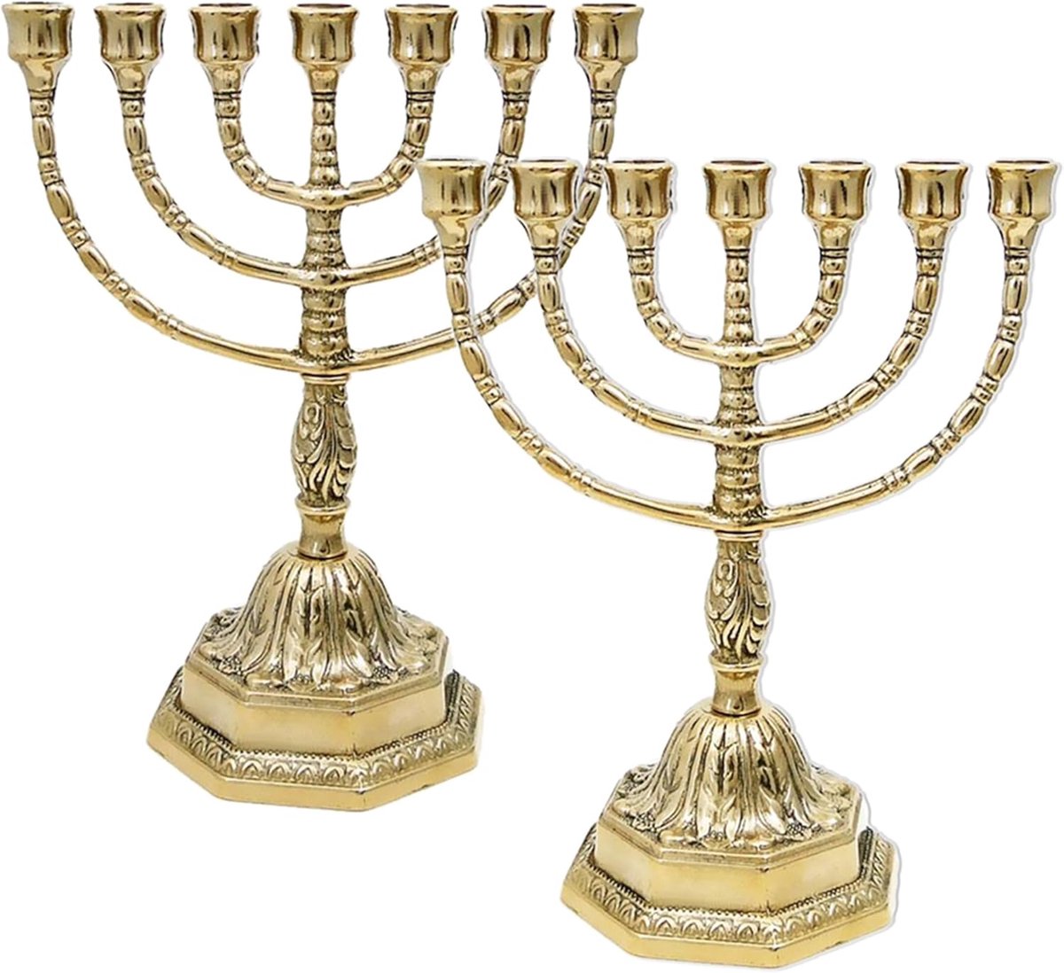 SnelShoppen - 2x Menora Kandelaar 7-arm Goud Messing 23cm Handgemaakt - Luxe Kaarsenstandaard voor Feest, Interieur, en Decoratie