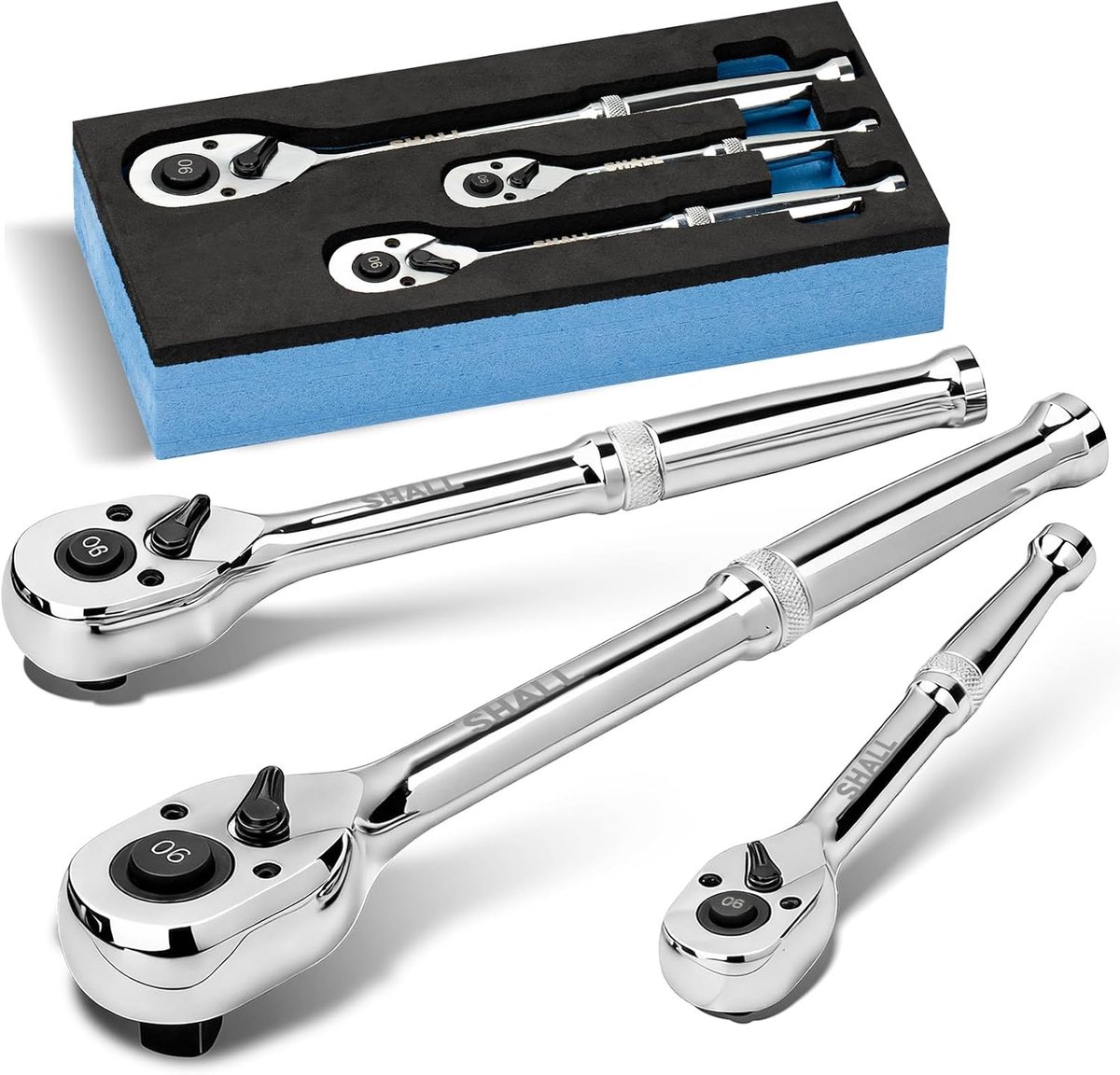 SnelShoppen - Ratchet Set 3-delig 1/4" 3/8" 1/2" met 90 Tanden en Snelle Losser - Chrome Vanadium Staal voor Smalle Ruimtes en 4° Controle