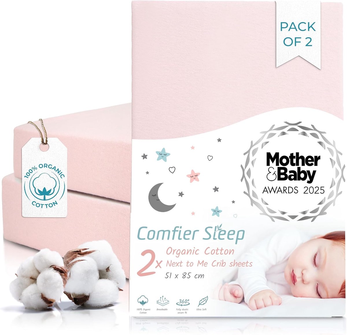 SnelShoppen - Fitted Sheet 51x85cm - Perfect voor Co-Sleeper en Crib - Zacht 100% Katoen - 2 Stuks Bedlakens - Ademend en Kreukvrij - Ideaal voor Baby