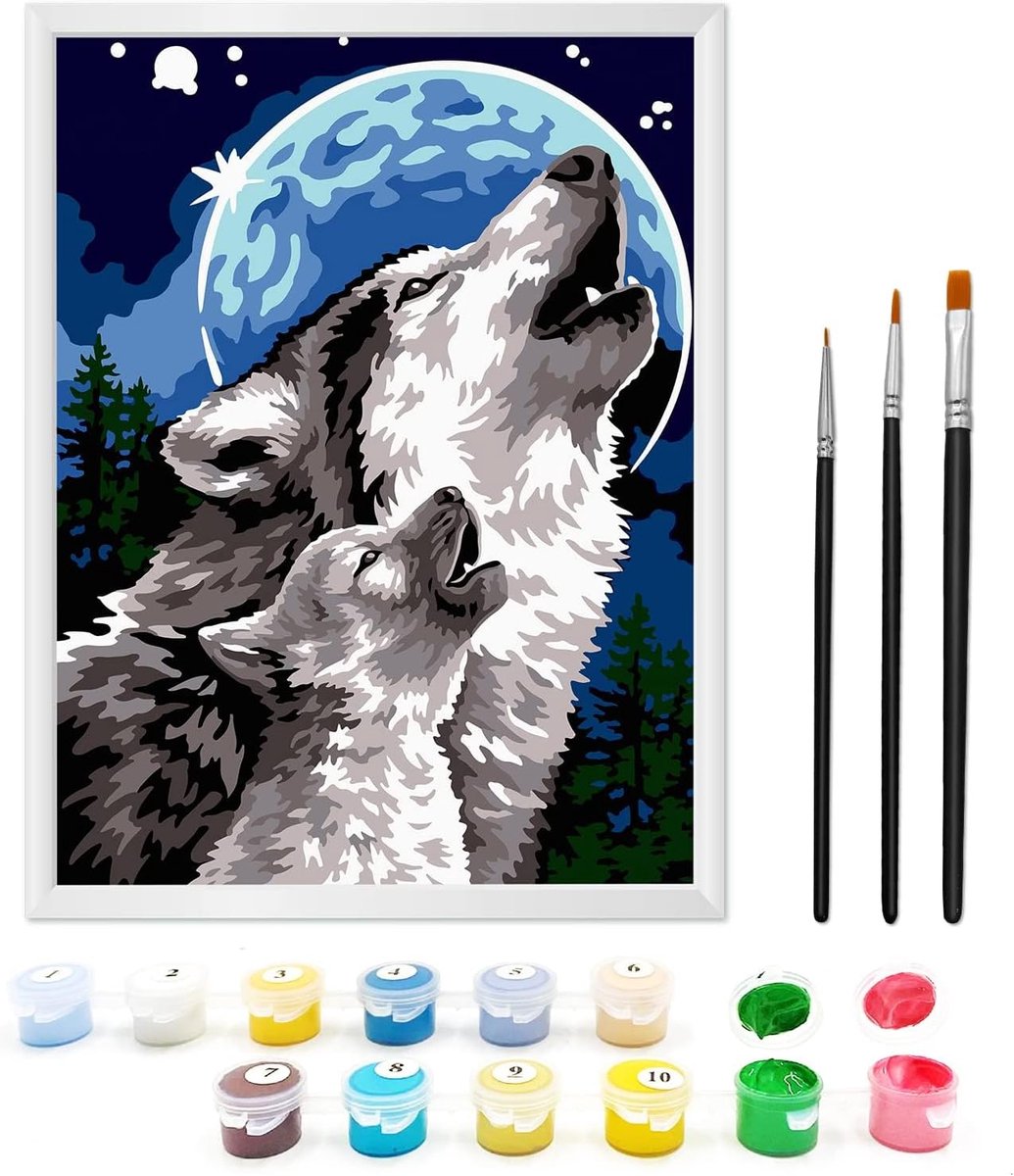 SnelShoppen - Schilderen op Nummer voor Kinderen 7-9 Jaar - Met Lijst, 3 Penseel en Acrylverf - 18x24 cm - Het Wolf en de Maan - Creatief Speelgoed vo