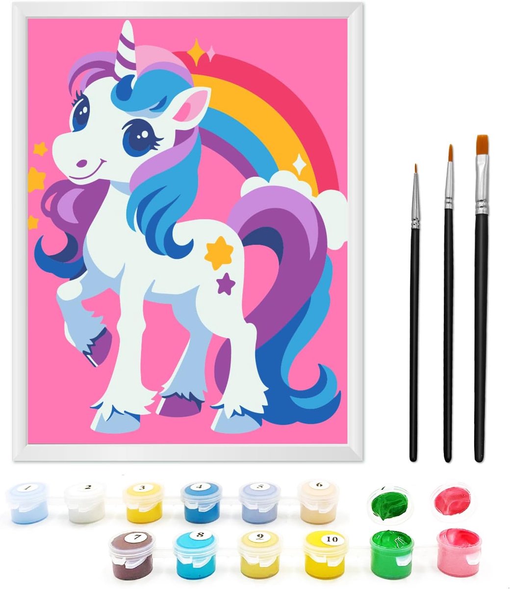 SnelShoppen - Schilderen op Nummer voor Kinderen 7-9 Jaar - Unicorns, Inclusief Lijst, 3 Kwasten en Acrylverf, 18x24 cm - Creatief Cadeau voor Jongens