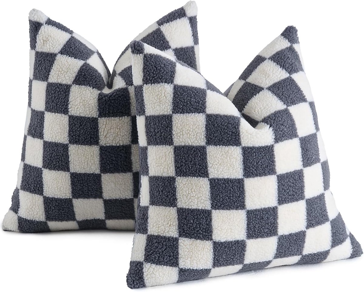 SnelShoppen - Set van 2 Decoratieve Kussenhoezen - Luxe Super Zacht Faux Fur Wol - Grijs - 45x45 cm - Checkerboard Patroon voor Sofa, Slaapkamer en Wo