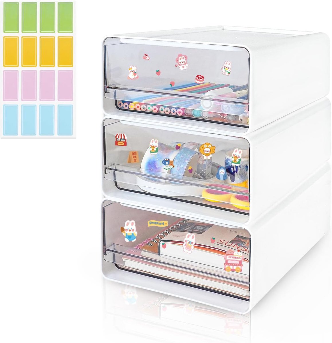 SnelShoppen - 4 Pcs Stapelbare Bureau Organizer met 4 Laden, Transparante Witte Ladeboxen met Labels, Desk Organizer, Plastic Opbergdozen voor Make-up