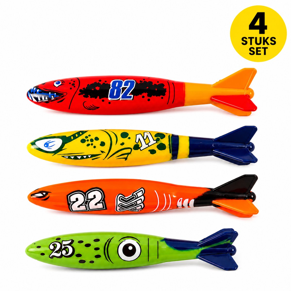 Duikspeelgoed torpedo's - felle kleuren - kunststof - 13 cm -set van 4