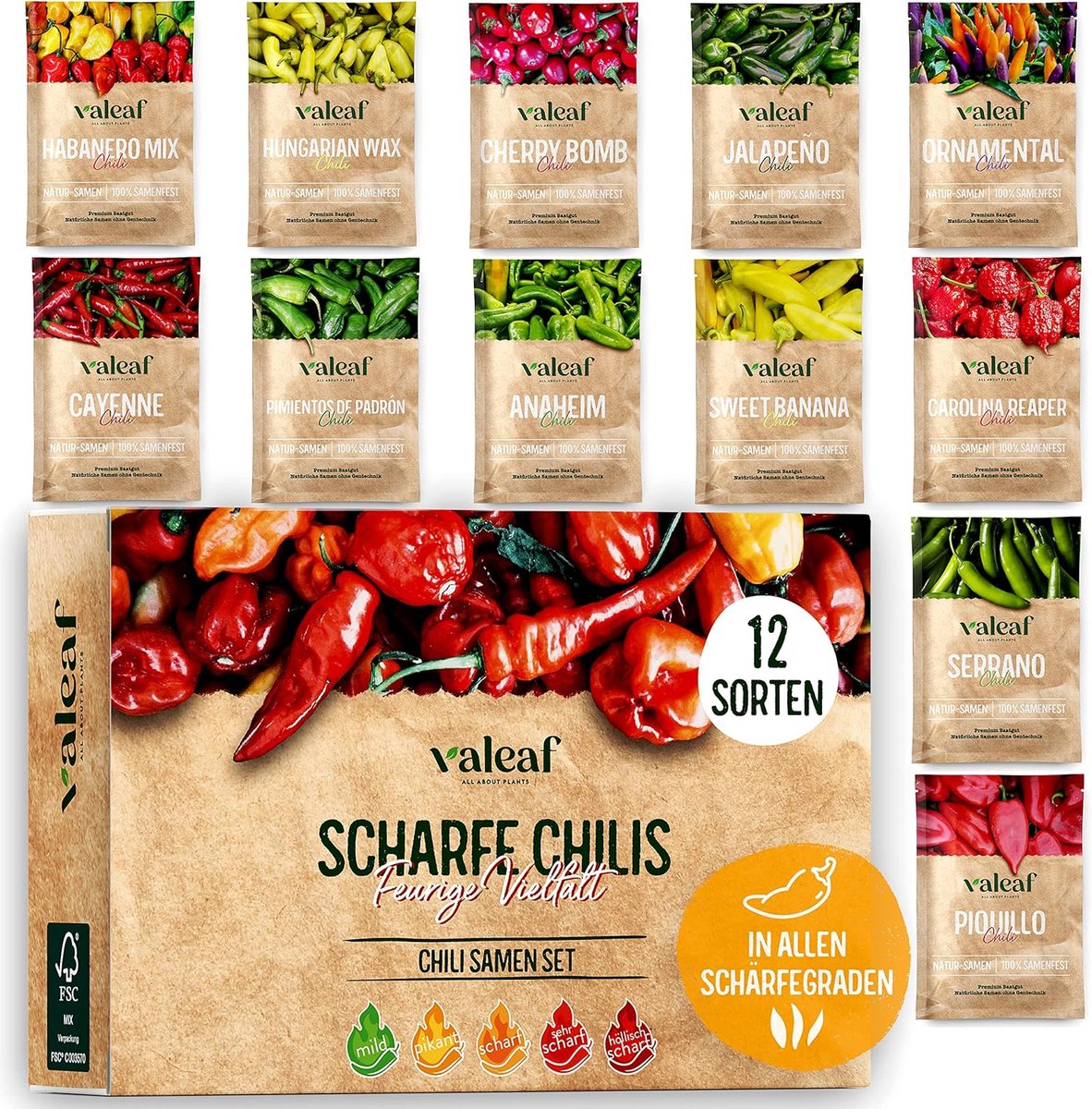 Chili zaden set - 12 scherpe tot milde zaden van chilipepers van topkwaliteit, inclusief Carolina Reaper zaden en zeldzame soorten