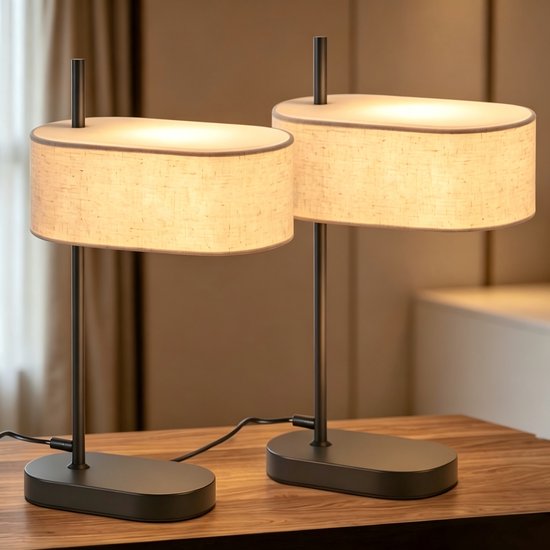 NETTLIFE Tafellamp E14 - 2 Stuks - Vintage - zwart - met Stoffen lampenkap - Bedlamp met schakelaar en kabel - voor woonkamer | kantoor | Slaapkamer - Zonder lichtbron