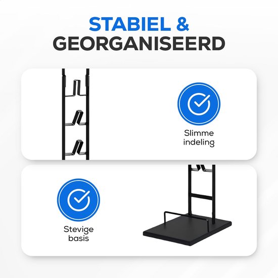Zwarte stofzuigerstandaard met een stevige basis en een slimme indeling.