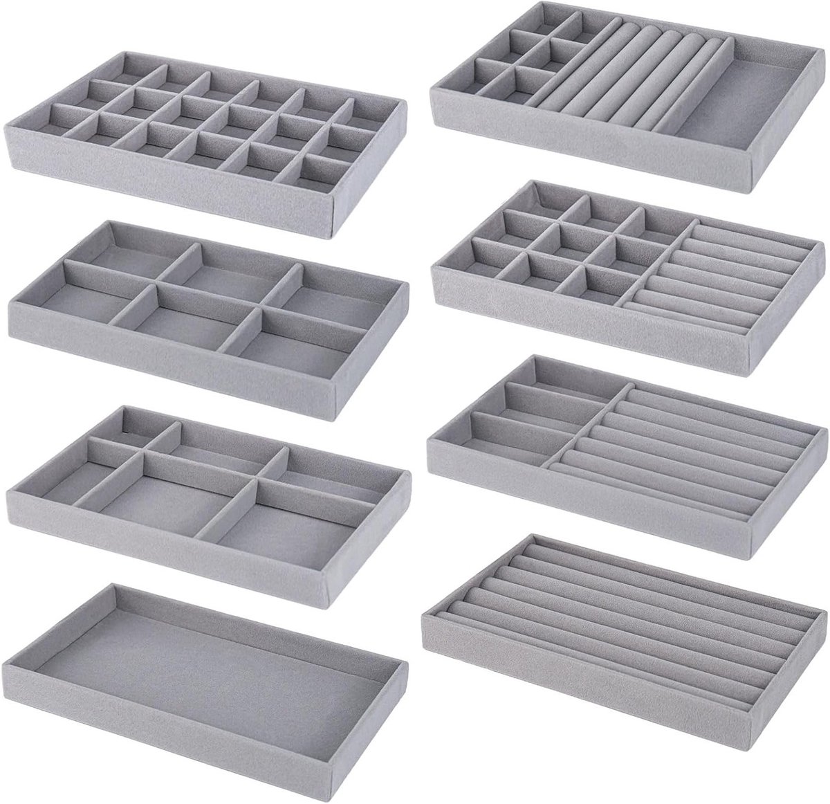 Sieradenopbergtray set van 8, Organisator voor oorbellen, Verdiepingen voor sieraden, Velvet opbergoplossing voor juwelen in lades