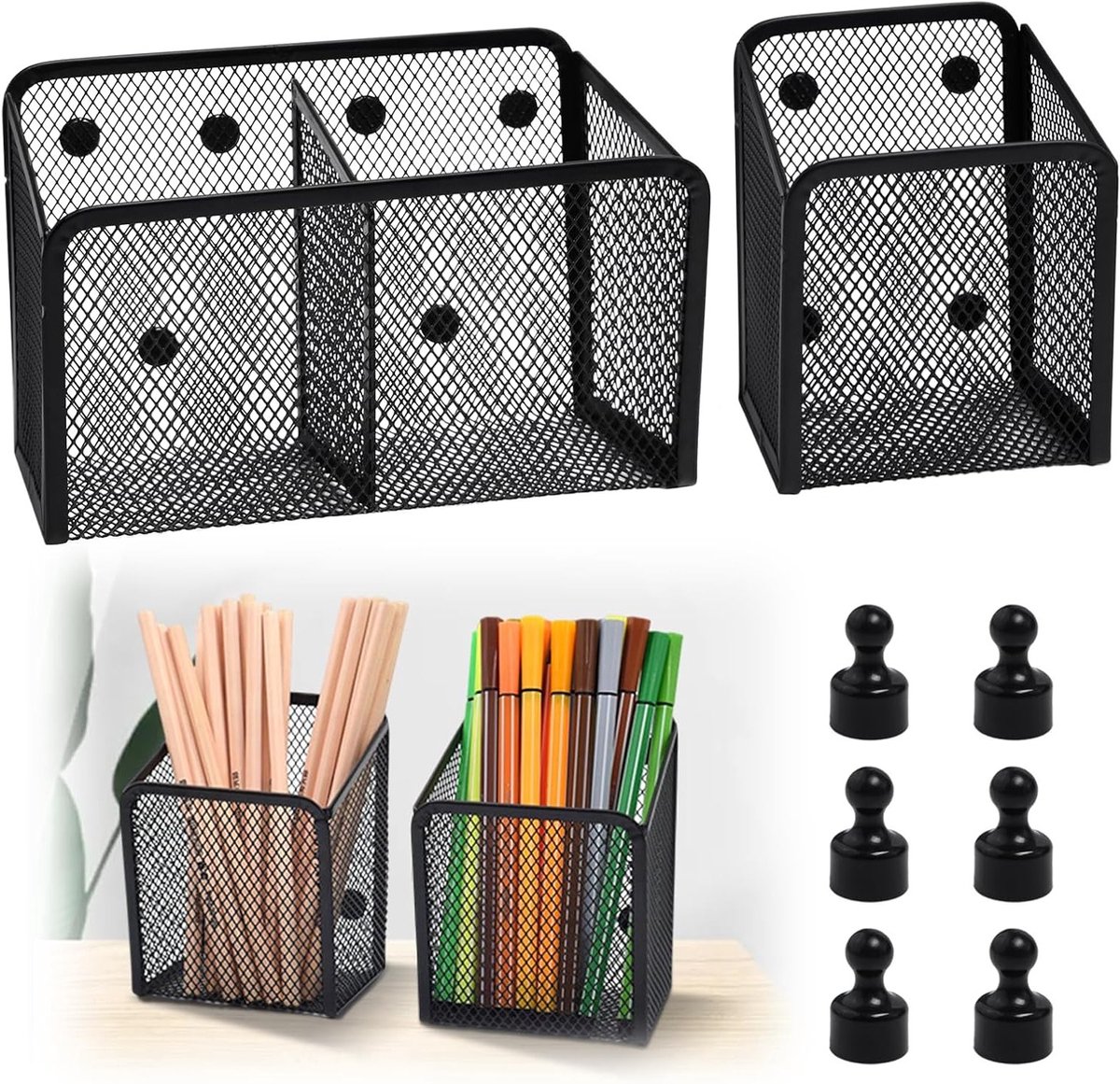 Set van 2 Magnetische Metaal Mesh Pennenhouders - Organizer voor Bureau, Koelkast en Whiteboard met Sterke Magneten en Modern Design
