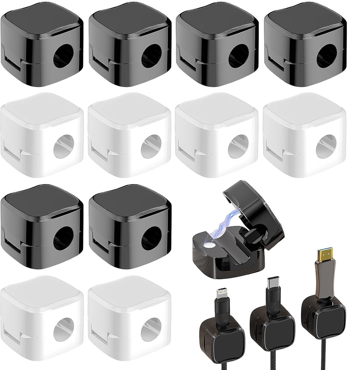SnelShoppen - Pack van 12 Kabelhouders, Kabelclips, Plakbare Oplaadkabel Houder, Kabelorganizer, Desk Management, Zwart en Wit, 20x17mm, Ideaal voor T