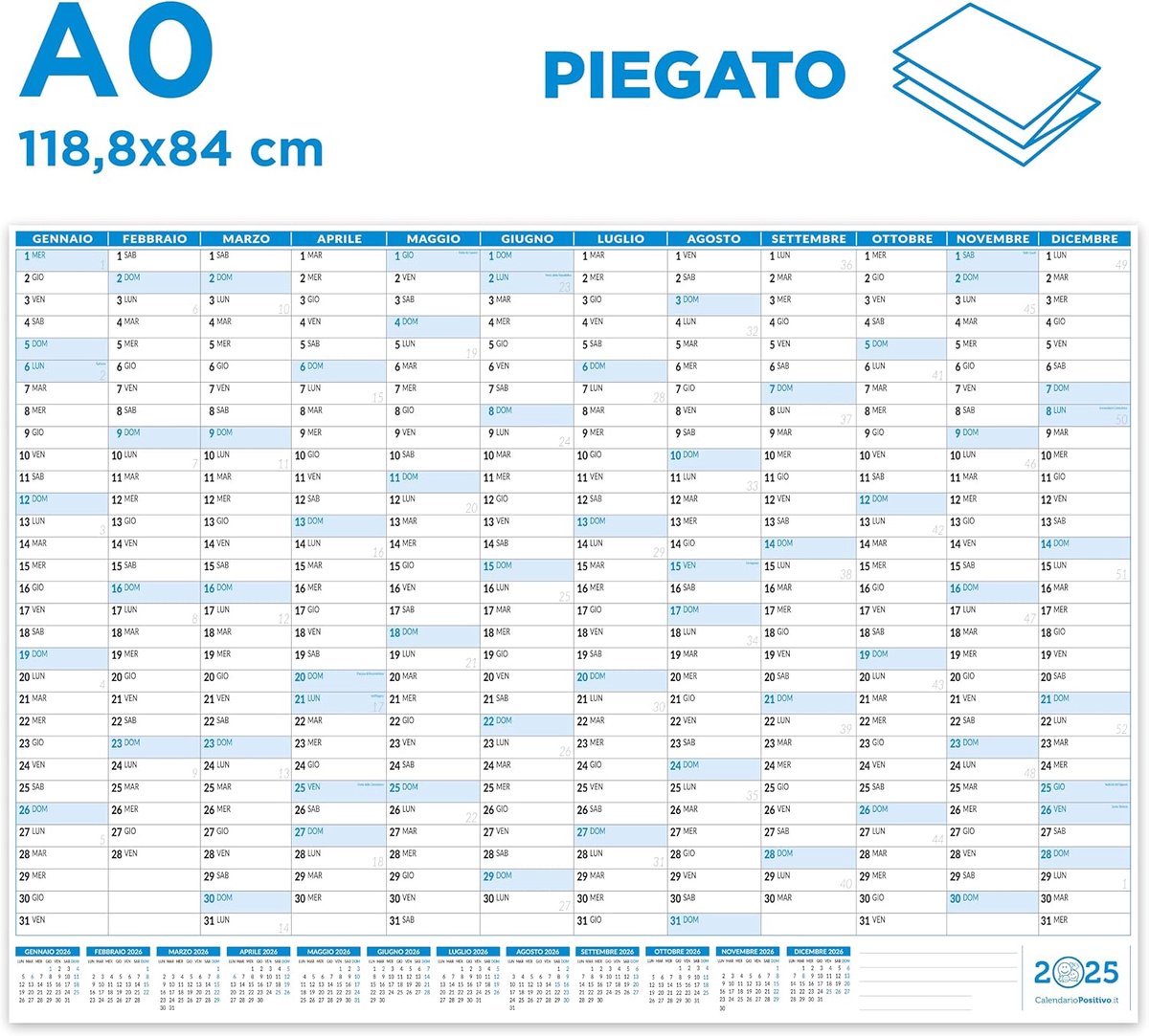 SnelShoppen - Wandkalender 2025 - Positive - Vouwbaar - Maxi A0 - 118 x 84 cm - Perfect voor Planning en Organisatie - Inclusief Italiaanse Feestdagen