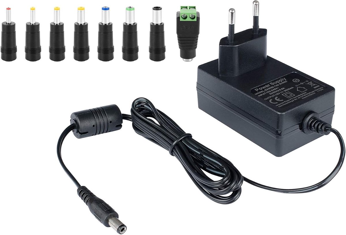 SnelShoppen - Universele AC DC Adapter 12V 2A Power Supply met 8 Hollow Plugs Set - 2000mA, 150cm - Voor Diverse Toepassingen
