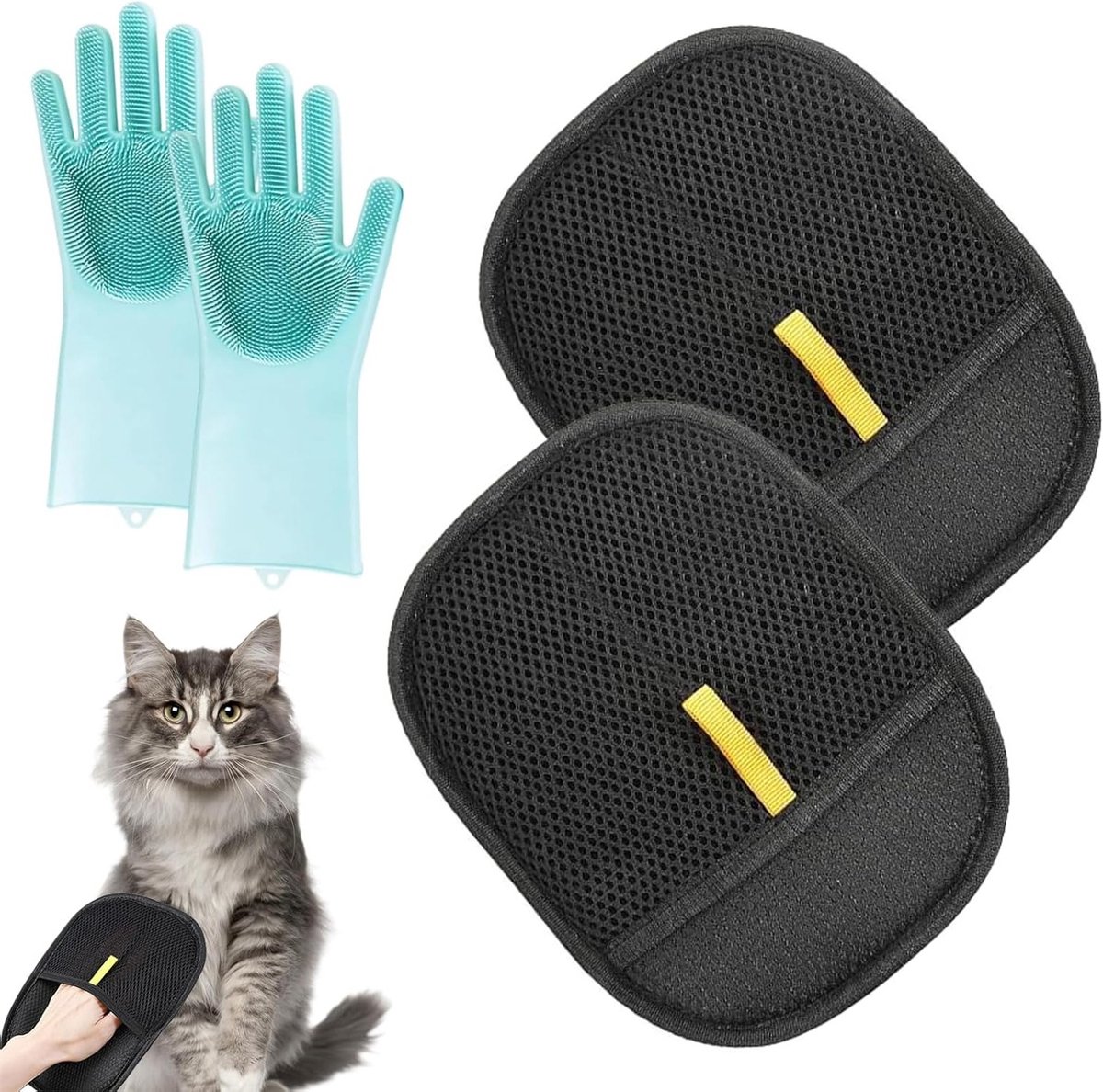 6 Stuks Verzorgingshandschoenen voor Katten - Dubbele Laag, Dierlijke Vachtverwijderaar en Badhandschoenen voor Huisdieren